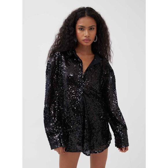 NWT 4th Reckless Black Sequin Oversized Button Up Shirt - Picture 7 of 12